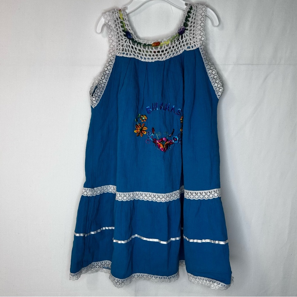 Blue Sleeveless Embroidered Dress With “Bahamas “ Flowers Little Girls Size 6